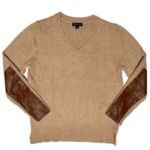 Sisters Angora Soft Knit Sweater Faux Leather Arm Elbow Patches V-Neck Brown Med